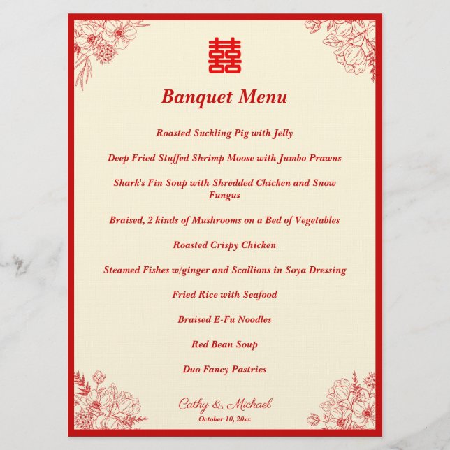 Chinese wedding red beige floral frame oriental menu (Front)