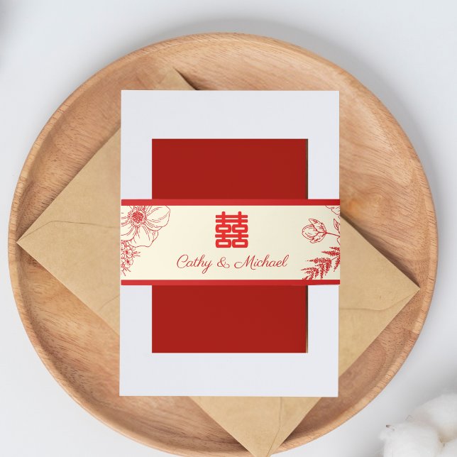 Chinese wedding red beige floral oriental invitation belly band (Creator Uploaded)