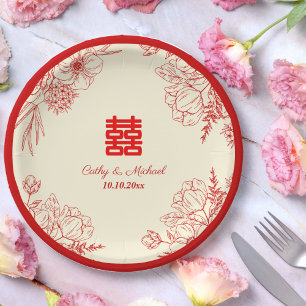 Chinese wedding red beige floral oriental paper plate