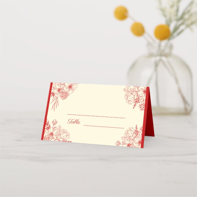 Chinese wedding red beige floral oriental place card (Front)