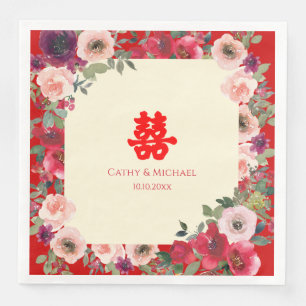 Chinese wedding red garden floral double happiness napkin