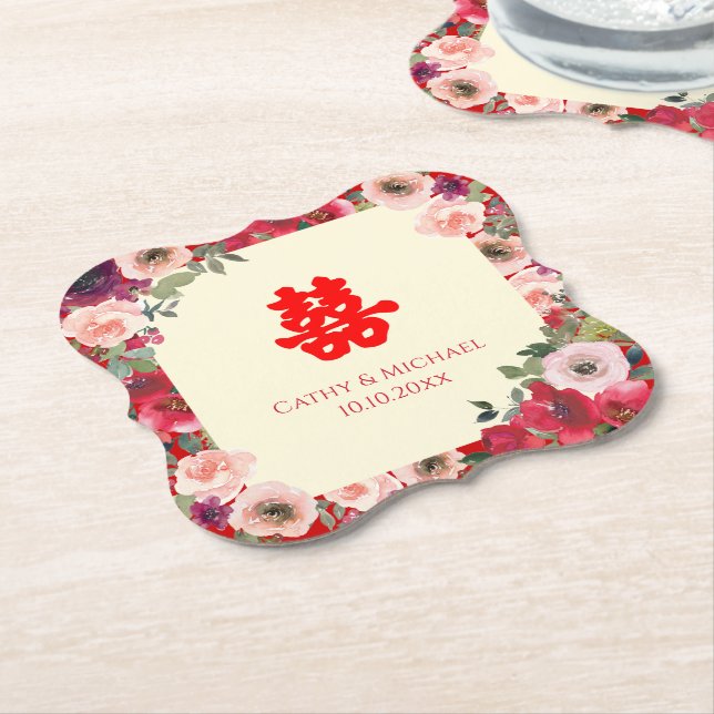 Chinese wedding red garden floral double happiness paper coaster (Angled)
