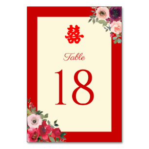 Chinese wedding red garden floral double happiness table number