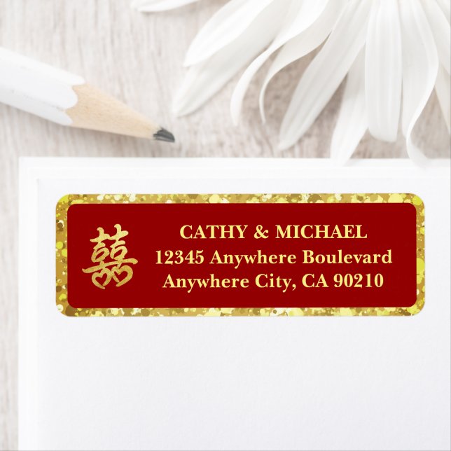 Chinese wedding red gold glitter return address label (Insitu)