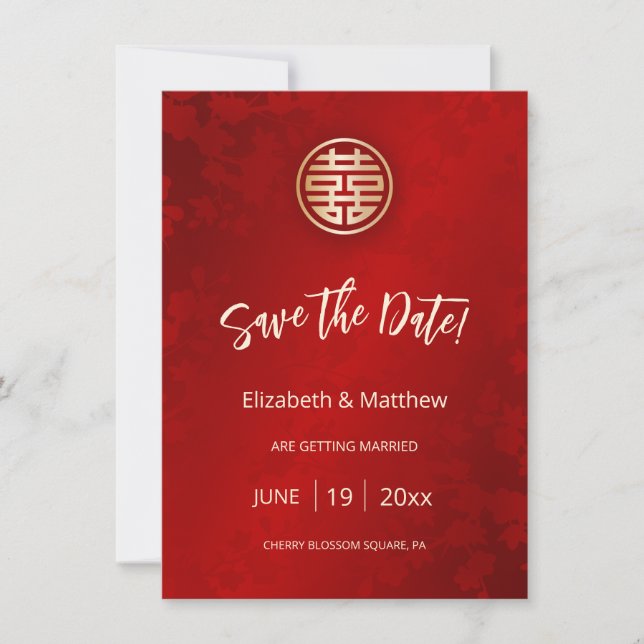 Chinese Wedding Red Gold Save The Date (Front)