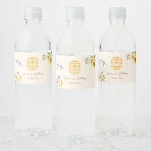 Chinese wedding yellow blue floral bird water bottle label