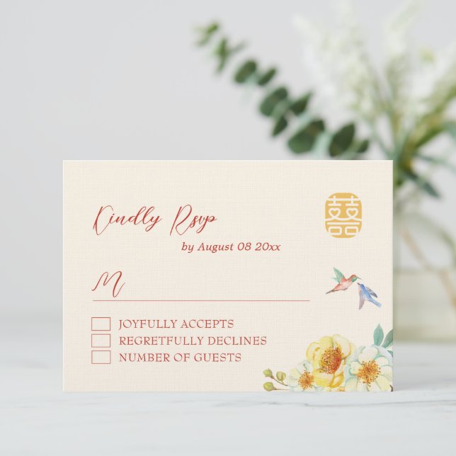 Chinese wedding yellow floral bird elegant  RSVP card (Standing Front)