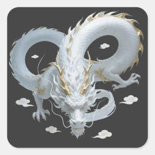 Chinese White Gold Dragon Art Fantasy Design With  Square Sticker