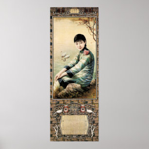 Chinese Woman Old Vintage Calendar Advertising Poster