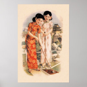 Chinese Women Playing Golf, Old Shanghai Poster Ad