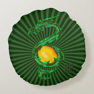 Chinese Year of the Dragon Jade Green Round Cushion