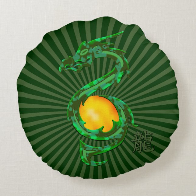 Chinese Year of the Dragon Jade Green Round Cushion (Back)