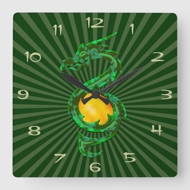 Chinese Year of the Dragon Jade Green Square Wall Clock (Front)