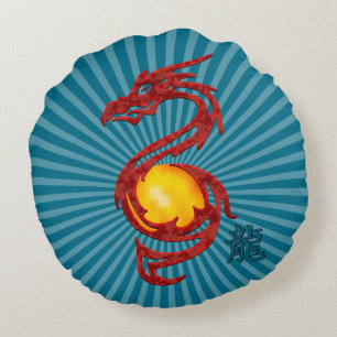 Chinese Year of the Dragon Metalic Red Round Cushion