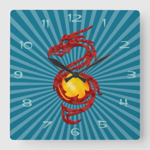 Chinese Year of the Dragon Metalic Red Square Wall Clock