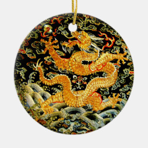 Chinese zodiac antique embroidered golden dragon ceramic ornament