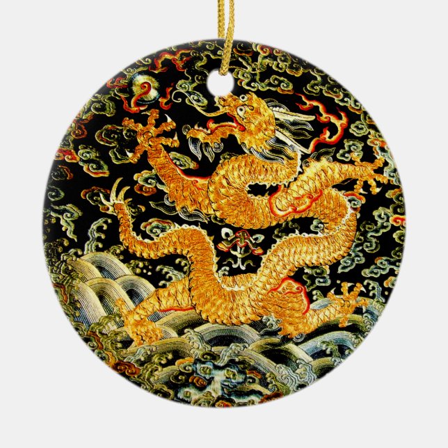 Chinese zodiac antique embroidered golden dragon ceramic ornament (Front)