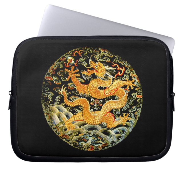 Chinese zodiac antique embroidered golden dragon laptop sleeve (Front)