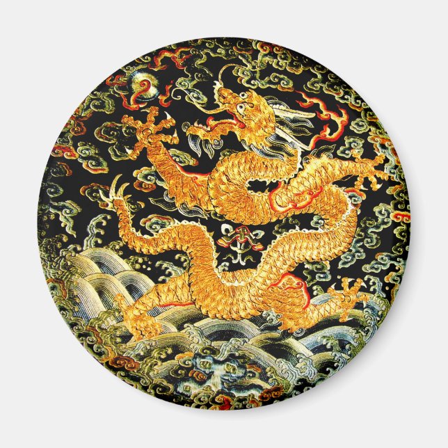 Chinese zodiac antique embroidered golden dragon magnet (Front)