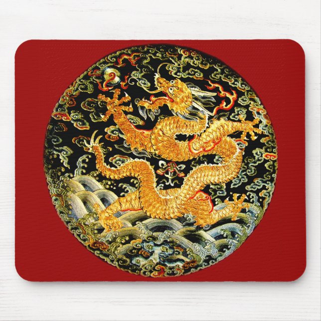 Chinese zodiac antique embroidered golden dragon mouse pad (Front)