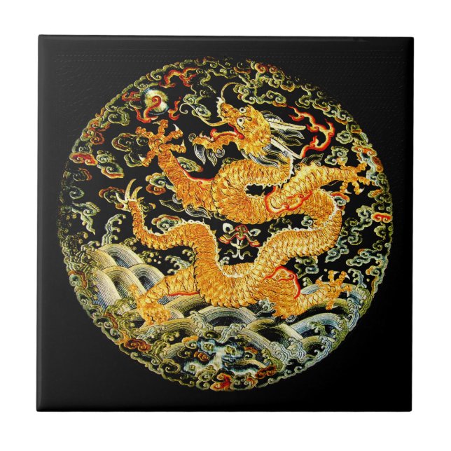 Chinese zodiac antique embroidered golden dragon tile (Front)