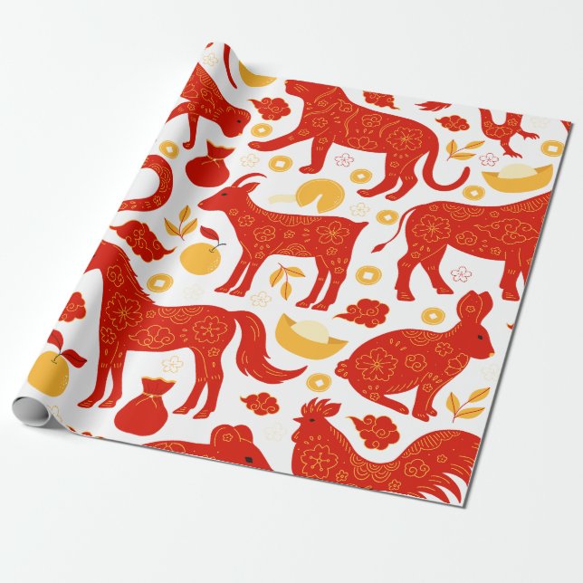 Chinese Zodiac Chinese New Year Pattern Wrapping Paper (Unrolled)