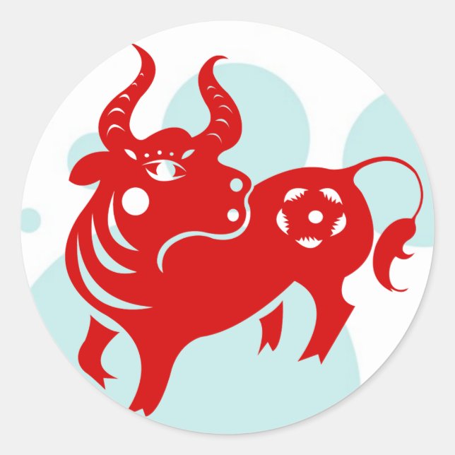 CHINESE ZODIAC OX PAPERCUT ILLUSTRATION CLASSIC ROUND STICKER (Front)