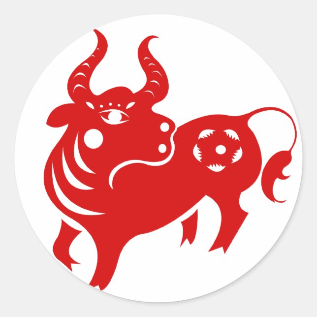 CHINESE ZODIAC OX PAPERCUT ILLUSTRATION CLASSIC ROUND STICKER (Front)