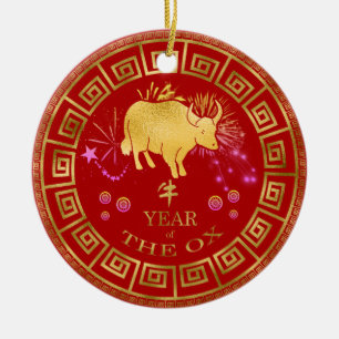 Chinese Zodiac Ox Red/Gold ID542 Ceramic Ornament