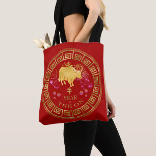 Chinese Zodiac Ox Red/Gold ID542 Tote Bag