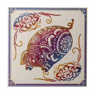Chinese Zodiac Pig Paper Cutting Pattern Folk Art Ceramic Tile