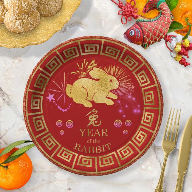 Chinese Zodiac Rabbit Red/Gold ID542 Paper Plate (Creator Uploaded)