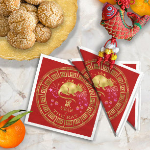 Chinese Zodiac Rat Red/Gold ID542 Napkin