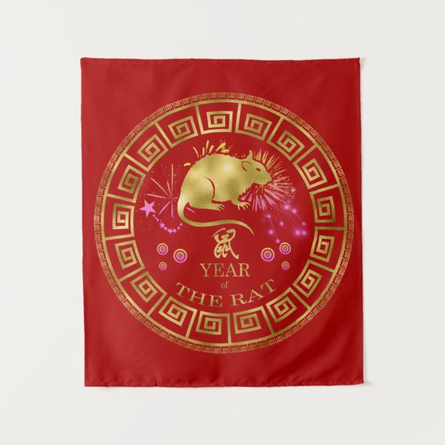 Chinese Zodiac Rat Red/Gold ID542 Tapestry (Front)
