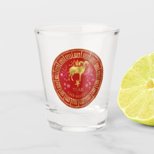 Chinese Zodiac Sheep Red/Gold ID542 Shot Glass