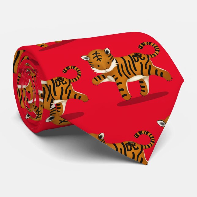 Chinese Zodiac Tiger Cute Astrology Sign Tie (Rolled)