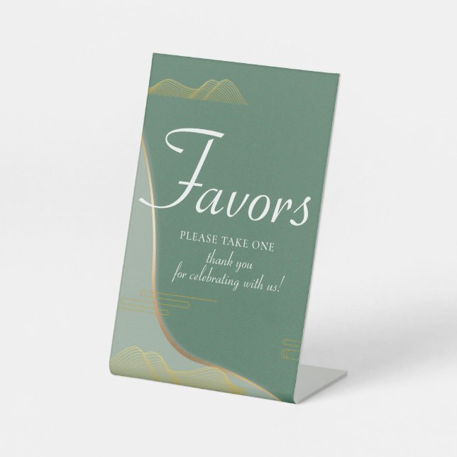 Chinoiserie Abstract Cloud Pattern Gold Line Favou Pedestal Sign (Front)