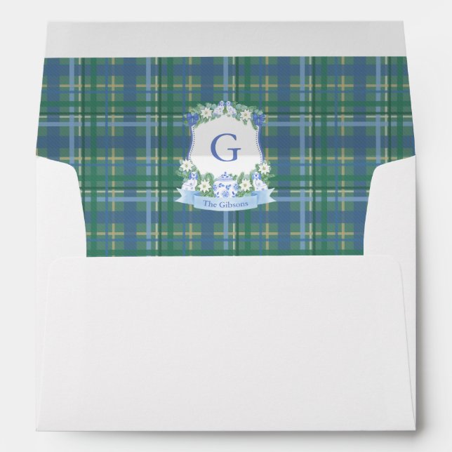 Chinoiserie And Plaid Christmas Return Address Envelope (Back (Bottom))