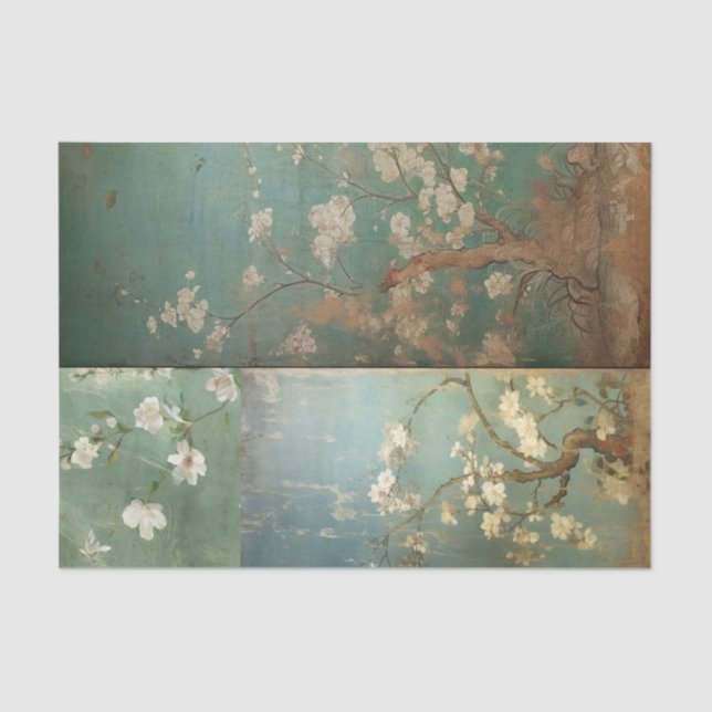 Chinoiserie Antiqued Green & Apple Blossoms 1 Tissue Paper (Front)