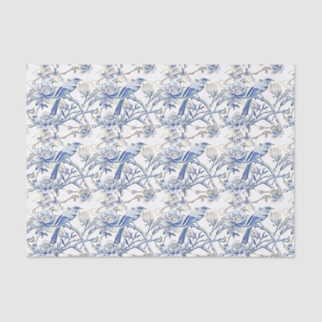 Chinoiserie Asian Bird White Blue Floral Decoupage Tissue Paper (Front)
