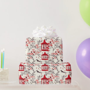 Chinoiserie Asian Floral Painting Red Decoupage Wrapping Paper
