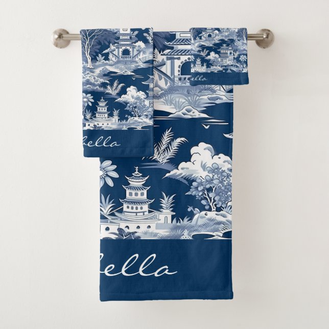 Chinoiserie Asian Landscape Painting Blue White Bath Towel Set (Insitu)