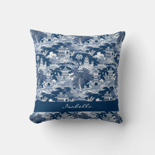 Chinoiserie Asian Landscape Painting Blue White Cushion
