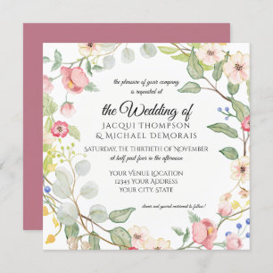 Chinoiserie Berry Pink Watercolor Rose Leaf Floral Invitation