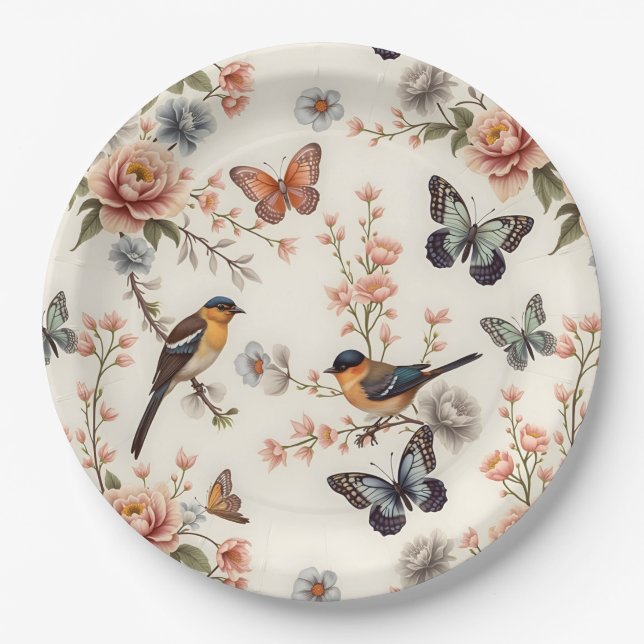 Chinoiserie Bird and Butterfly Harmony Paper Plate (Front)