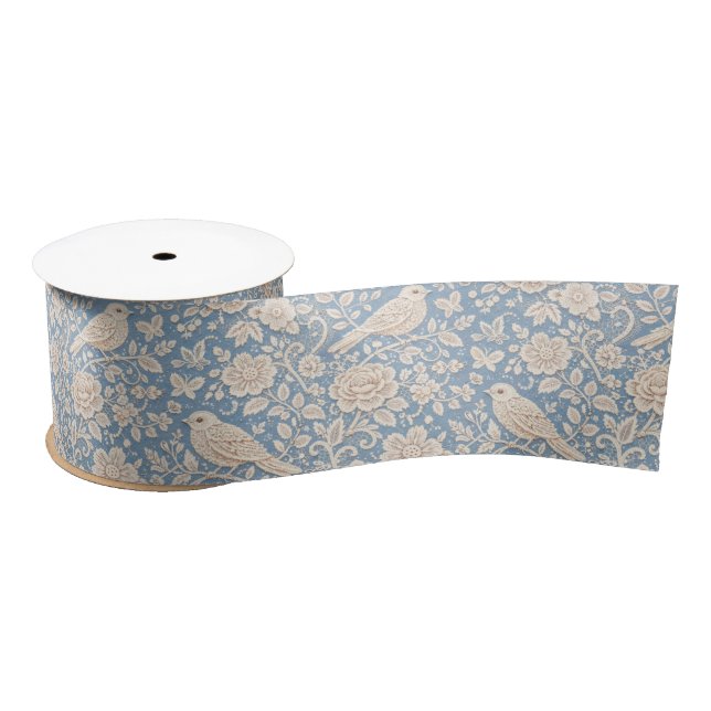 Chinoiserie Bird and Flower Seamless Pattern Satin Ribbon (Spool)