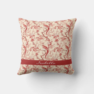Chinoiserie Bird Asian Floral Red Pink Cushion