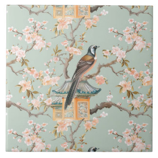 Chinoiserie Bird & Blossom Blush Sage Ceramic Tile