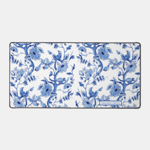 Chinoiserie Bird Floral Blue and White Office Desk Mat