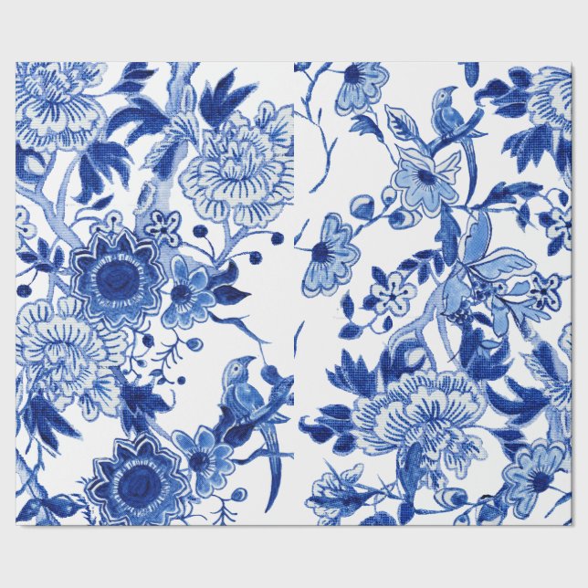 Chinoiserie Bird Floral Blue White Decoupage Wrapping Paper (Seam)